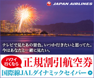 JAPAN AIRLINES　正規割引航空券　ハワイ行きなら300ｘ250のバナーデザイン
