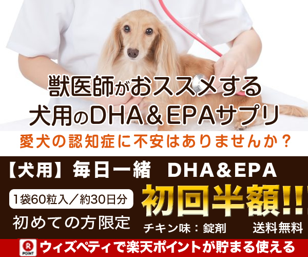【獣医師推奨】犬用（チキン味）認知症サプリ「毎日一緒DHA＆EPA」7種類の有効成分配合300x250のバナーデザイン
