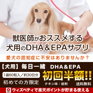 【獣医師推奨】犬用（チキン味）認知症サプリ「毎日一緒DHA＆EPA」7種類の有効成分配合300x300のバナーデザイン