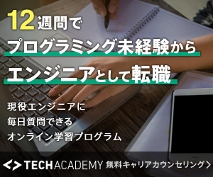 TECHACADEMY_現役エンジニアに毎日質問できるオンライン学習プログラム_300 x 250のバナーデザイン